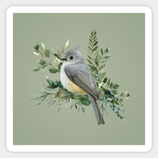 Grey Bird on Branch olive green background Sticker